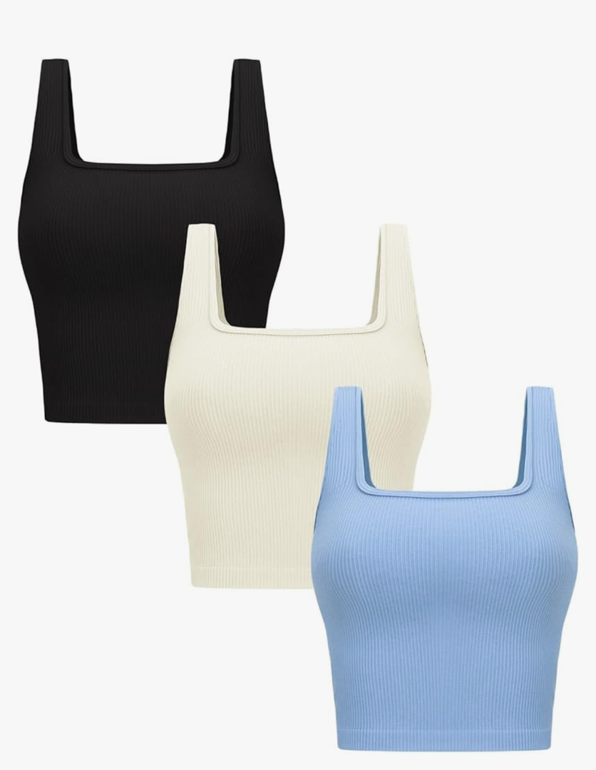 OLCHEE Womens 3 Pack Crop Tank Tops Basic Seamless Ribbed Sleeveless Square Neck Workout Top Summer Exercise Yoga Gym Sets, Medium