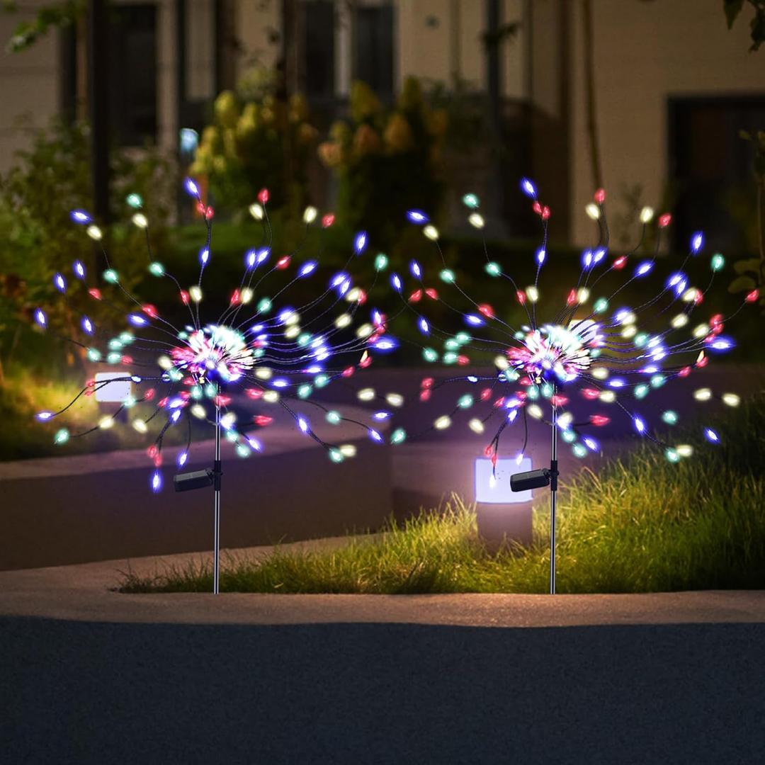 2 Pack 175 LED Solar Firework Lights Outdoor, 4th of July 2 Modes Solar Garden Light Waterproof Twinkling Light, Starburst Lights for Landscape Path Halloween Christmas Decor Colorful