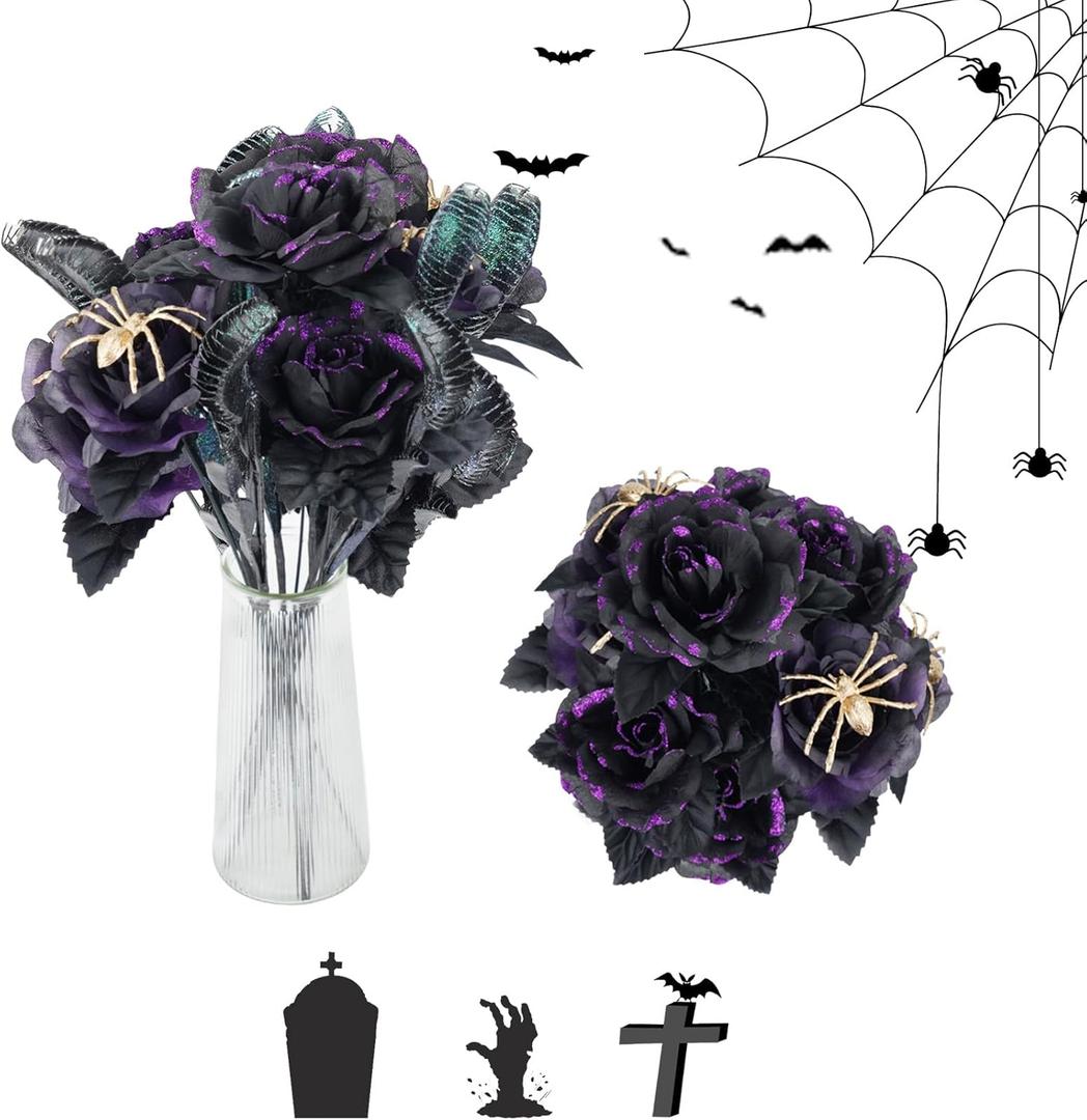 Halloween Bouquet Spider Artificial Roses Flowers,Fake Roses Faux Black Purple Roses for Halloween,Vase Arrgements Table Decoration