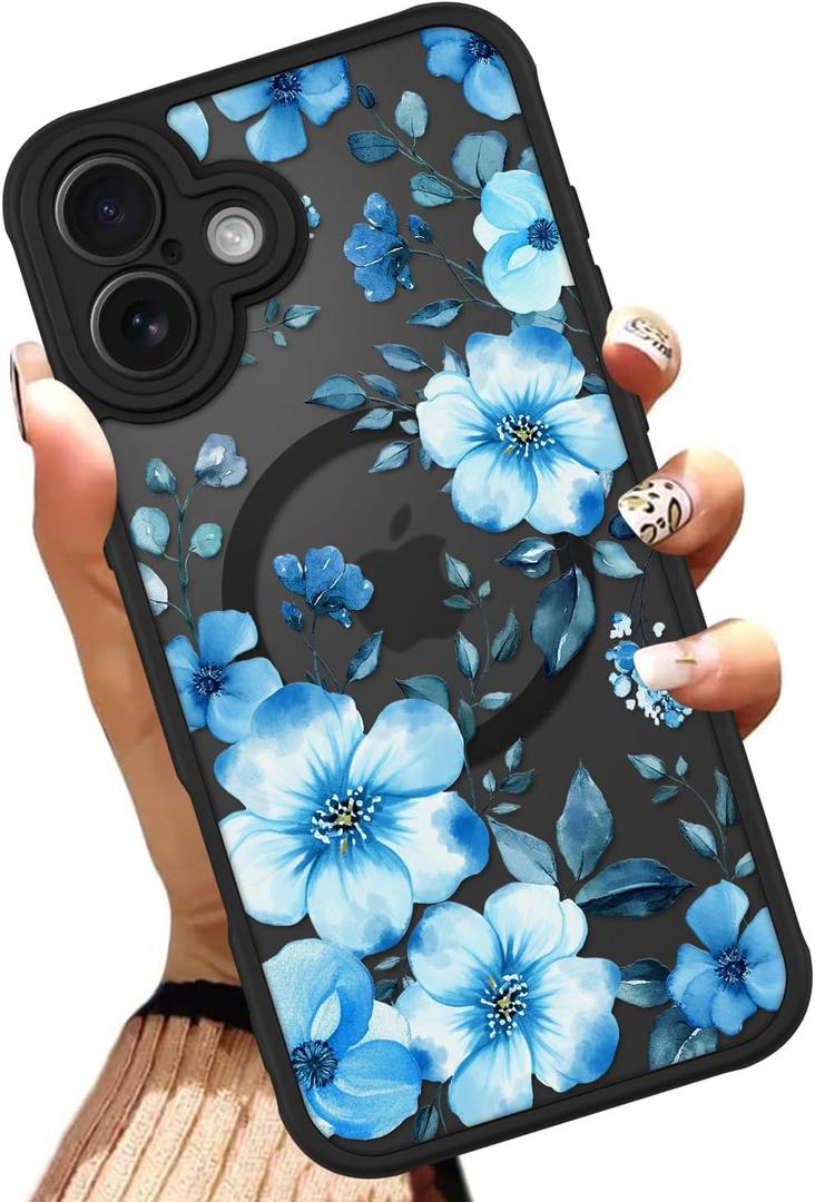 OOK Magnetic Case Fit for iPhone 16 6.1 Inch (Compatible with MagSafe) Soft TPU and Hard PC Phone Cover with Blue Floral Flowers Anti-Scratch Shockproof Protection Case for Women