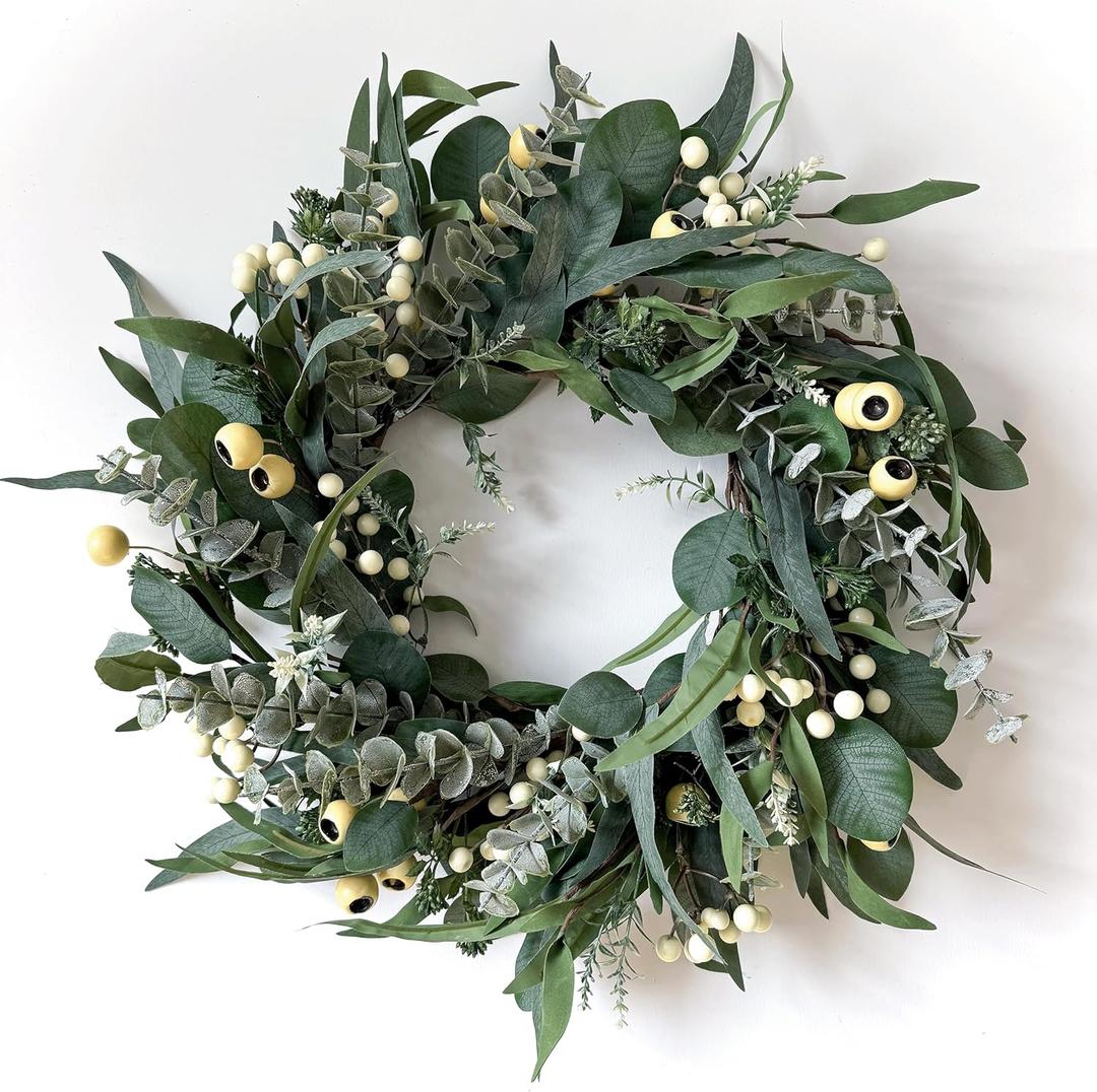 Wreaths for Front Door 22 Inch, All Season Greenery Wreath Olive Eucalyptus Leaves and White Mixed Berry for Indoor Outdoor Farmhouse Home Porch Wall Window Festival Wedding Decor