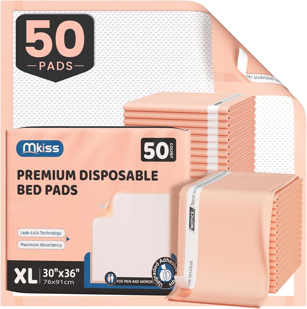 MKISS Bed Pads with Adhesive Strip 30"x36", Thick Absorbent Incontinence Adults Underpads Disposable, Leakproof Pee Pads, Extra Large Pet Training Pads,50 Count