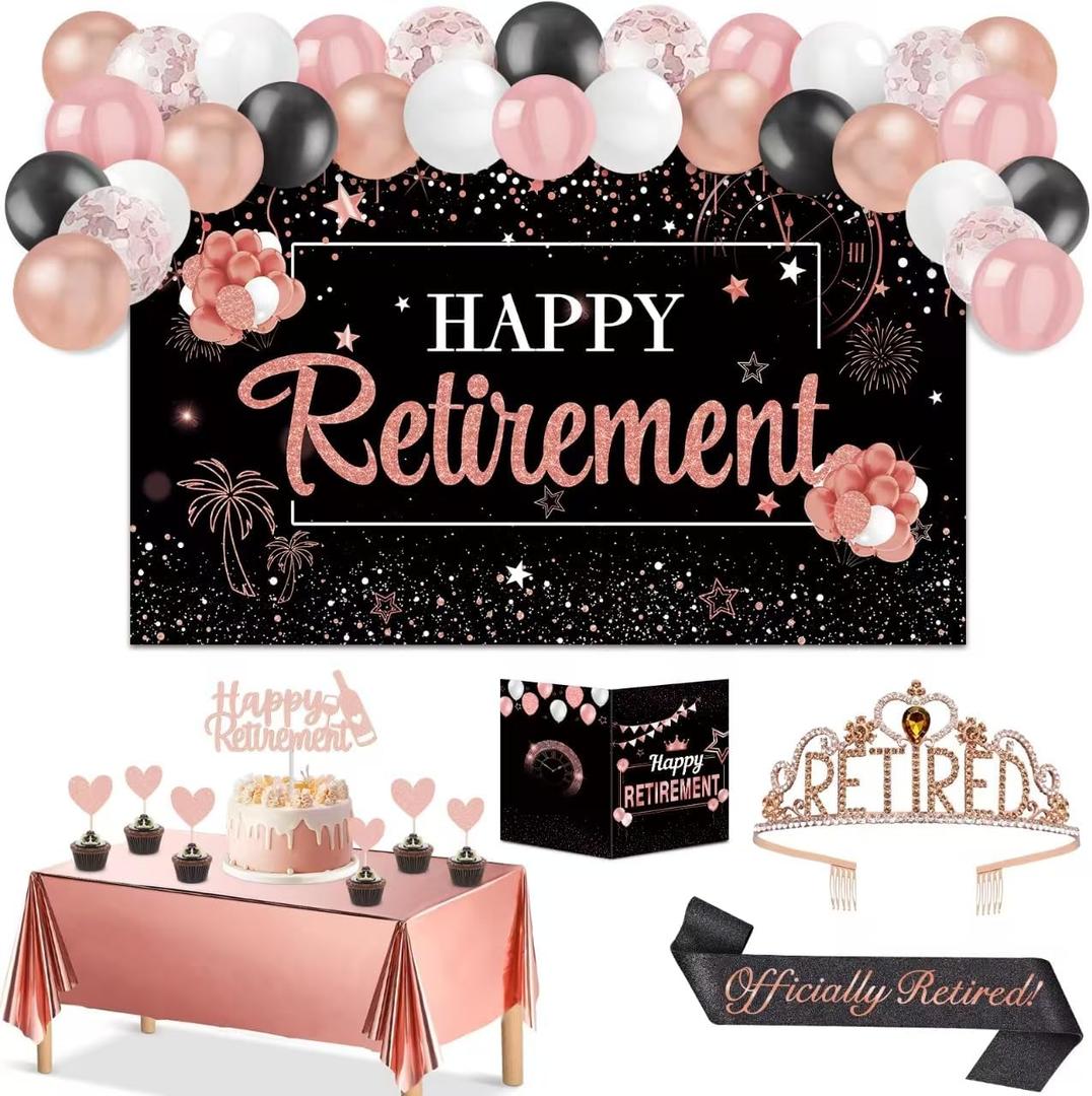 42Pcs Retirement Party Decorations Women with Retirement sash and Crown,Banner, Balloons, Cake Toppers, Tablecloth and Greeting Card,Happy Retirement Decorations Favors