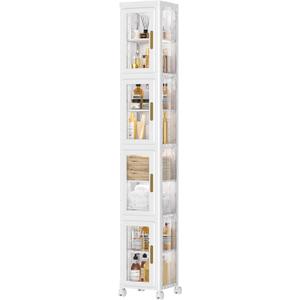 VECELO 4 Tier Tall Plastic Slim Storage Cabinet with Lockable Wheels, Adjustable Shelves, Anti-Tip for Bathroom, Living Room, Laundry Room, Kitchen, Narrow/Small Space, Easy Assembly, Clear
