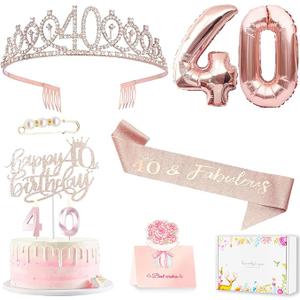 40th Birthday Gifts Decorations for Women, Including 40th Happy Birthday Cake Toppers, Birthday Queen Sash with Pearl Pin, Sweet Rhinestone Tiara Crown, Number Candles and Balloons Set