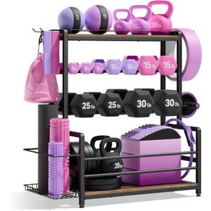 Gym Home Equipment Weight Rack 3Tier Workout Storage Stand for Dumbbells & Kettlebells, Medicine Ball Holder, Steel Organizer with Side Basket, Hooks