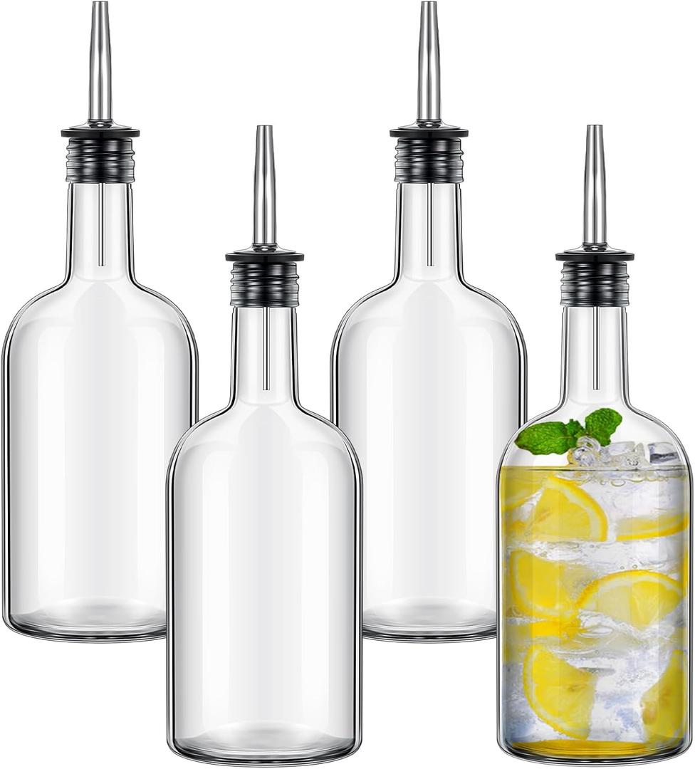 Baderke 4pcs 17oz Glass Long Neck Bottles Glass Pour Liquor Bottles Bar Juice Pour Syrup Bottle with Pourer & Caps Pourer Tapered Spout for Liquor Wine Juice Snowcone Syrup