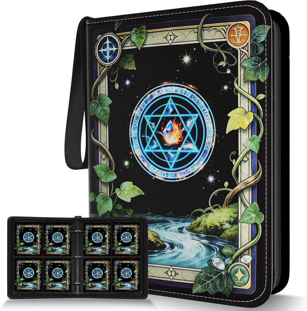 Trading Card Binder, Card Collection Binder 4 Pocket with 50 Removable Sleeves – 400-Pocket Compact 3-Ring Zipper Album, Durable Trading Card Holder for TCG/MTG Collectors (Elemental ring)