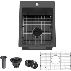 Dark Grey Drop In Single Bowl Kitchen Sink With Protective Bottom Grid Small Outdoor Rv Stainless Steel Sink For Kitchen (15 * 17 * 9in)
