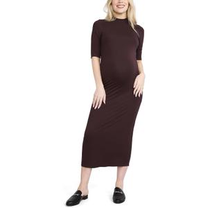Motherhood Maternity Women's Elbow Sleeve Ribbed Mock Neck Maxi Pregnancy Dress (Tawny Port, Small)