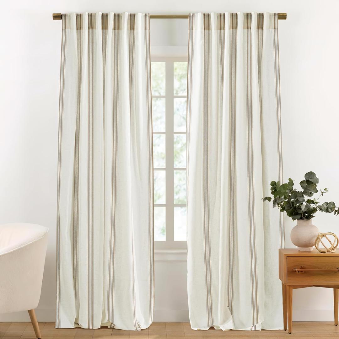 NICETOWN Stripe Linen Curtains 52 x 84 Inch Long for Living Room - Taupe & White Classic Grommet Rustic Drapes, Light Filtering Window Covering for Patio Glass French Door, 1 Pair