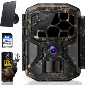 Trail Camera - Solar 8K 60MP WiFi Game Camera with 0.1S Motion Activated, 65FT Detection Distance, No Glow HD Night Vision, IP66 Waterproof, 32GB Card Included for Wildlife Monitoring