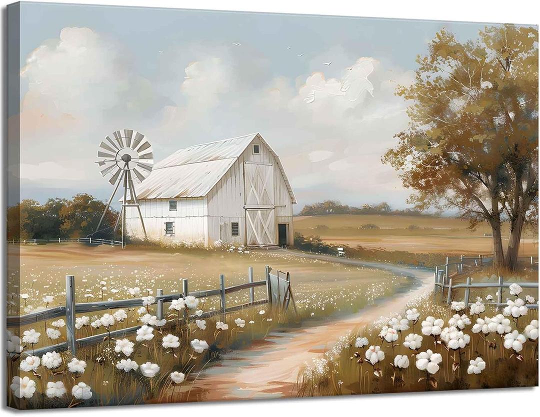 Farmhouse Barn Canvas Wall Art Rustic Farm Nature landscape Decor Pictures Retro Flower Field Meadow Barn Windmill Posters Prints for Home Decoration Bathroom Bedroom Living Room Decoration (16"L x 12"W)