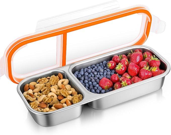 Juome Stainless Steel Snack Containers, Reusable Double/2 Compartment Snack Containers with Lids for Kids, Divided Food Storage Containers Condiment Box Sauce Cups for School, Travel, Home