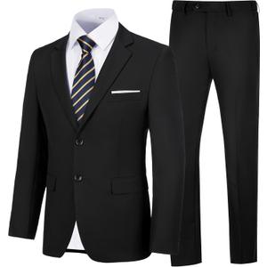 Men's Slim Fit 2 Piece Suit, Two Button Solid Suit Jacket Pants Set, Wedding Prom Suit (Large, Black)