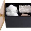Ohlove Qtip Holder with Bamboo Lids, 3 Compartments Cotton Ball/Swabs Dispenser, Apothecary Jar Plastic Container for Storage and Organizer (Black)