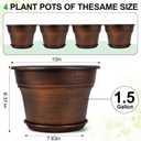Fodetyff 10 Inch Planters Plant Pots Indoor Outdoor, 4 Pack Plastic Flower Pot for Indoor Plants with Drainage Holes & Trays, Resin Decorative Container Sets with Saucer for House Garden Copper