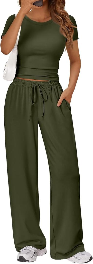 Trendy Queen 2 Piece Matching Summer Sweatsuit Lounge Set Womens Wide Leg Pants Side Ruching Crop Top Sets (Green, M)