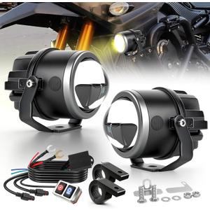 BraveWAY Motorcycle Auxiliary LED Light Kit 90W 24000LM LED Driving Spotlights with Wiring Harness 6 Modes Strobe White/Amber Fog Light IP68 Offroad Work Lights for Motorcycle Truck UTV ATV Pickup (Moto-T7-1 LENS)