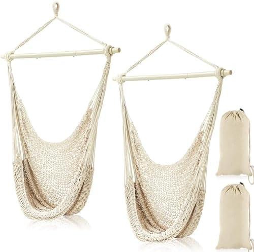 Barydat 2 Pcs Hanging Hammock Chair Boho Swing Chair Indoor Outdoor Cotton Rope Weaving Chair with 40 Inch Detachable Metal Bars for Backyard Living Room Bedroom Garden(Beige)