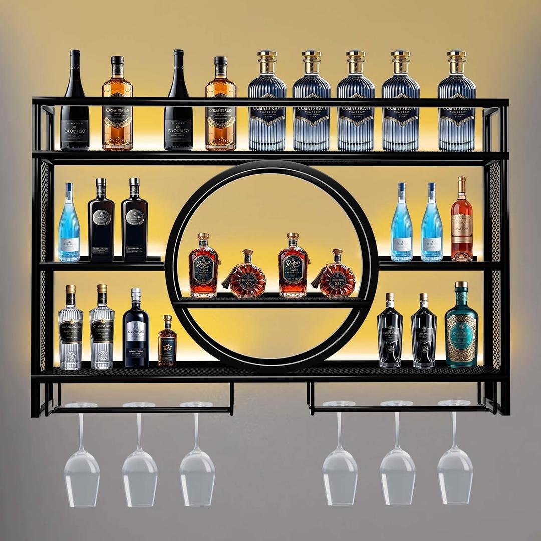Wine Rack Wall Mounted with LED Light,Bar Liquor Shelf,Black, 120*80*15