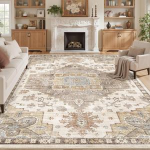 Washable Area Rugs for Living Room 9x12 Neutral Floral Large Soft Rug Brown