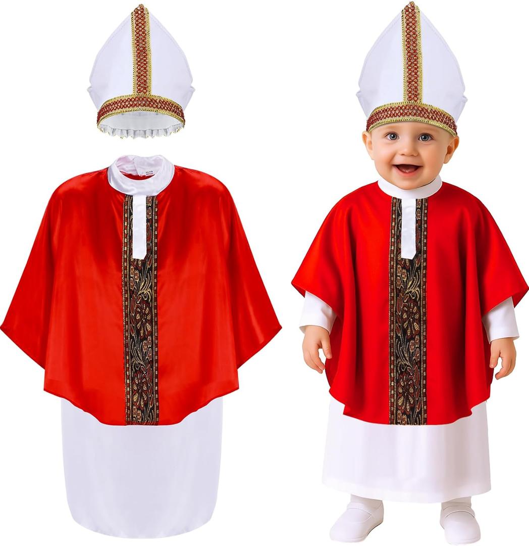 Maiteenly 3 Pcs Halloween Pint Sized Pope Costume Infant Small Bishop Outfit Set White Robe Red Papal Poncho Hat (Large)