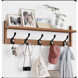 Osivaex 29'' Coat Rack Wall Mount with Shelf, Wood Wall Hooks with Storage, Entryway Shelf with 5 Hangers for Bathroom, Living Room, Bedroom, Rustic Brown