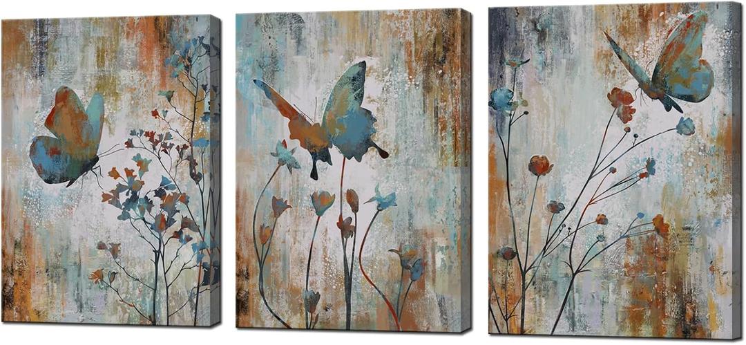 Biuteawal 3 Panel Canvas Print Teal Brown Butterfly Flower Painting Wall Art Plant Floral Picture Print on Canvas Vintage Artwork for Home Living Room Bedroom Bathroom Wall Decor Ready to Hang