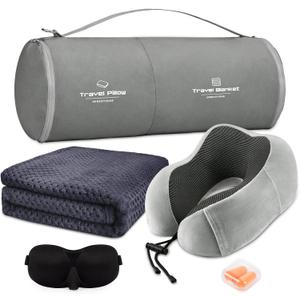 urnexttour Travel Pillow and Blanket Set Neck Pillows Soft Blankets with Sleep Mask Travel Essentials for Airplane Car Memory Foam Grey