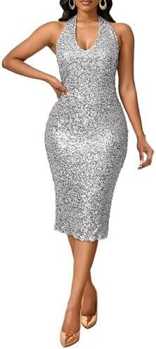 VERWIN Sequins Dress Sleeveless Bodycon Dress V Neck Sparkly Midi Dress Backless Halter Dress Party Cocktail Evening Dress M