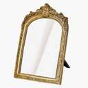 Small Gold Vintage Vanity Desk Makeup Mirror Antique Decorative Wall Mirror,Resin Carved Arch Table Mirror with Stand for Living Room,Bedroom Dresser,Desktop Decor 10.2" x 7"