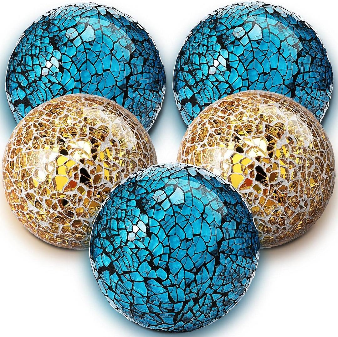 Honeydak 5 Pieces Glass Mosaic Sphere Decorative Balls for Centerpiece Bowls Turquoise Decorative Glass Balls Orbs Decorative Vases Fillers for Home Decoration Dining Table Bowls Tray