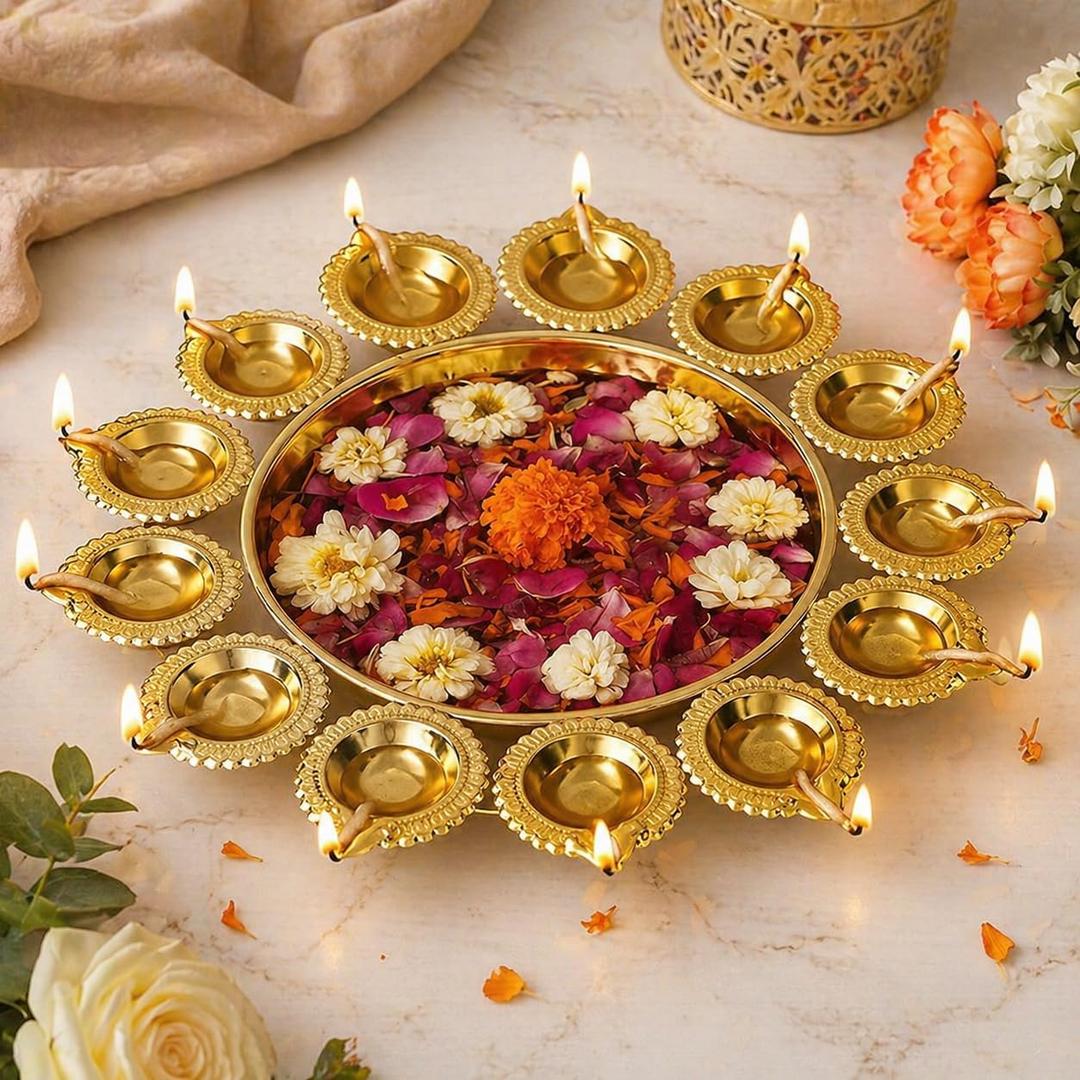 Urli Bowl for Home Decor | Urali Bowl for Home Metal Handcrafted for Floating Flowers and Tea Light Candles Home,Office and Table Decor| Diwali Decoration Items 14 Inch Diameter