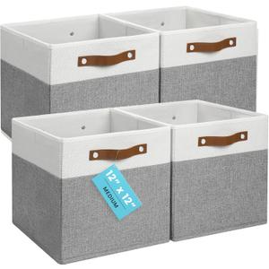 OrganiHaus 12" x 12" x 12" Fabric Cube Storage Bins - Set of 4, Cube Fabric Organizer Bins with Vegan Handles, Kallax Storage Cubes, 12Inch Cubic Baskets for Shelves - Grey / White