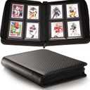 Top loader Binder - Holds 128 Cards in Toploaders for 3" x 4" Portable Card Binders Waterproof PU Leather, Ringless Double-Sided Pages (4 pocket, Carbon Black)