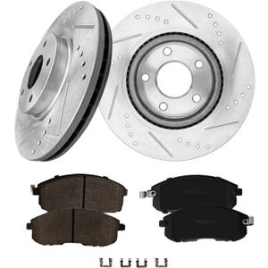 PM Auto Set of 6 Front 296mm Drilled Slotted Brake Disc Rotors-Ceramic Brake Pad Kit Replacement For 2007-2012 2017-2019 Nissan Sentra