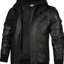 HOOD CREW Men’s Genuine Cowhide Leather Jacket Black Hooded Motorcycle Biker Jacket for Men, XL