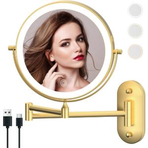 Rechargeable Wall Mounted Lighted Makeup Vanity Mirror 9 Inch Double Sided 1X 10X Magnifying Bathroom Mirror, 3 Color Lighting, Touch Screen Dimming, 360 Rotation Shaving Mirror Gold