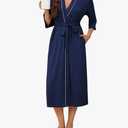 Ekouaer Robes for Women Long Knit Bathrobe Lightweight 3/4 Sleeves Kimono Robe Soft Sleepwear with Pockets Large Dark Blue
