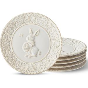 Metahom Easter Salad Plates, 8 Inch Ceramic Bunny Plate Set, Floral Dessert Dishes, Small Dinner Plates, Dishwasher & Microwave Safe, Set of 6, Cream White