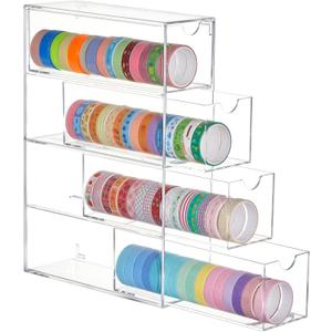 Chunful 1 Pack Acrylic Washi Tape Organizer, Clear Washi Tape Storage Holder with 4 Sliding Drawers, Desk Accessories Display Caddy Craft Box for Scrapbooking Art Craft Supplies