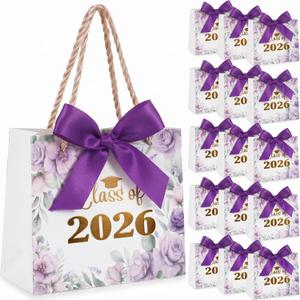 Yexiya 40 Pack Graduation Gift Bags Bulk Class of 2026 Purple Floral Graduation Party Bags 5.5" Congrats Grad Treat Bag for Gifts with Handles and Bow Ribbon
