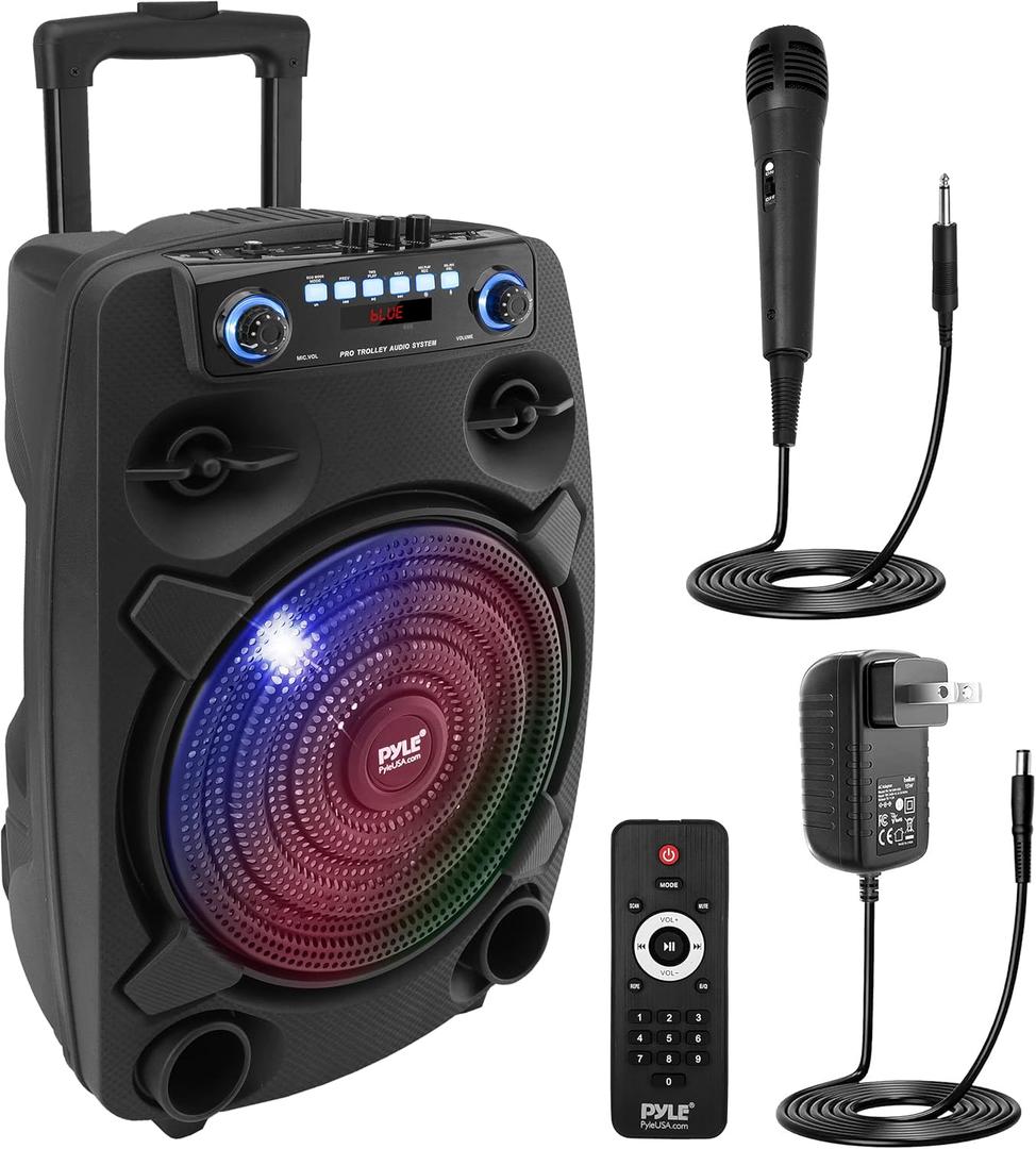 Pyle Portable Bluetooth PA Speaker System - 800W 12 Outdoor Bluetooth Speaker Portable PA System - Party Lights, USB SD Card Reader, FM Radio, Rolling Wheels - Wired microphone, Remote - PPHP127B