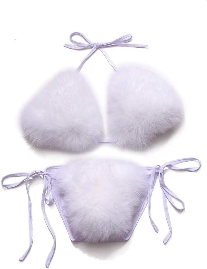 ZOSCGJMY Women's Faux Fur Halter String Triangle Bikini Sets Two Piece Swimsuits (White)