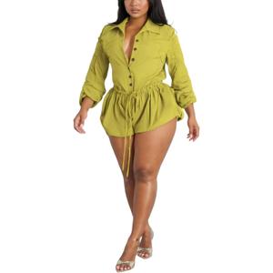 Unybwonn Women's Cargo Rompers Long Sleeve One Piece Bubble Short Jumpsuit Casual Ruched Drawstring Overalls Romper (X-Large, Yellow)