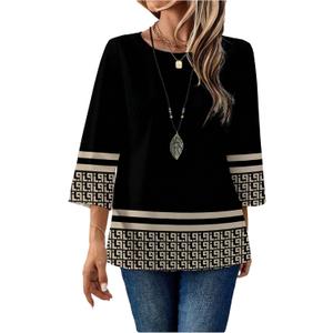 SweatyRocks Women's Geometric Print Round Neck Blouse Casual 3/4 Sleeve Loose Office Tops (S)