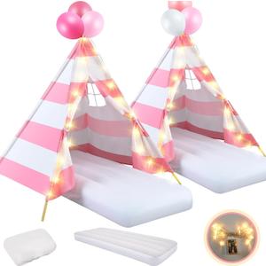 2 Pack Kids Teepee Tent with Mattress,Fitted Sheet,Light String,Washable Natural Cotton Toddler Play Tent for Girls Boys Indoor Outdoor Sleepover Slumber Birthday Party(Pink and White), 61.81 x 25.98 x 7.09 inches