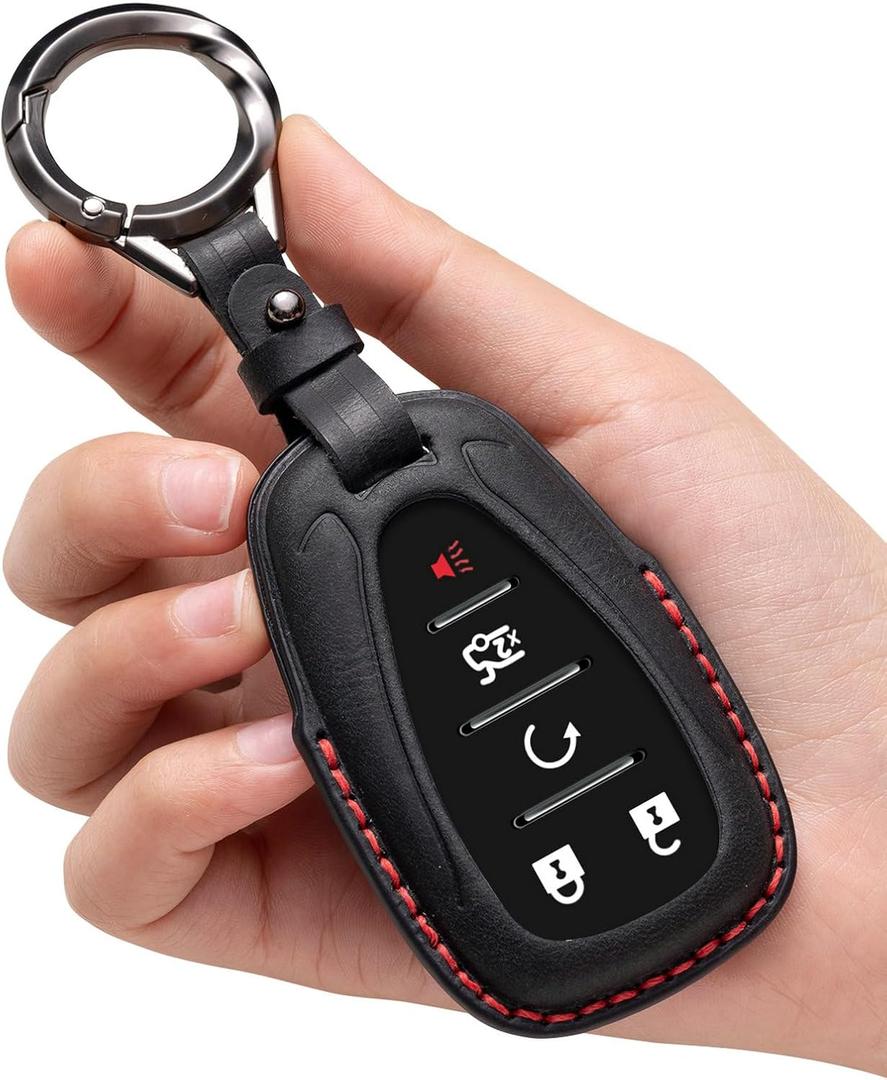 for Chevy Key Fob Cover Leather Car Remote Case Holder Keychain Compatible for Malibu Camaro Cruze Trailblazer Traverse Spark Equinox Sonic Volt Bolt -Black