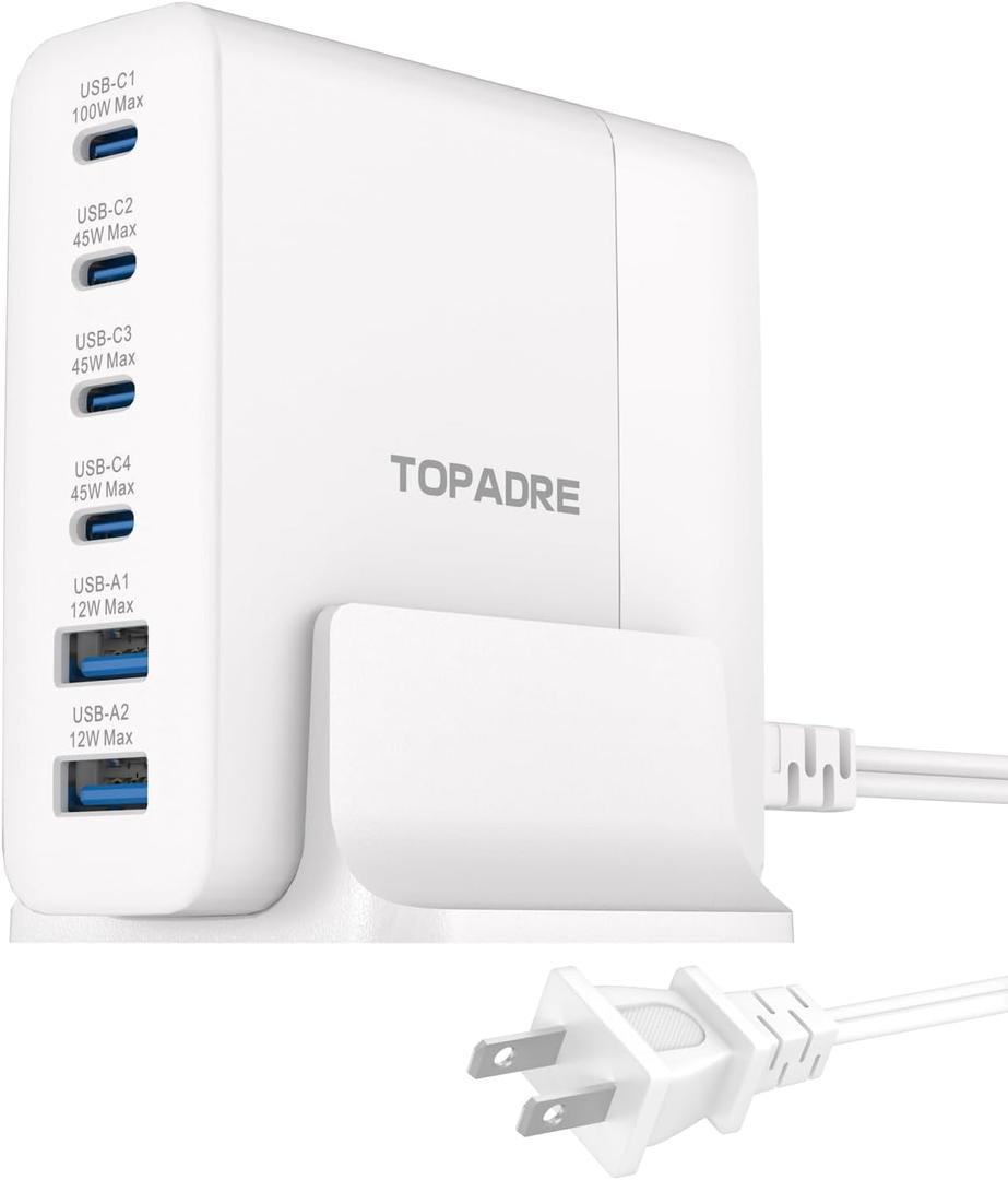 160W USB C Charging Station, GaN 6-Port Desktop USB C Charger Block, USB Hub Powered 100W Laptop Charger Compatible with MacBook Pro/Air, iPad Pro/Air, iPhone 15/14/13 Pro Max, Galaxy 24/23 (White)